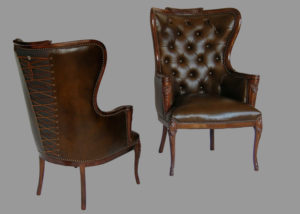 A front and back view of a brown leather chair by Olya Bragger