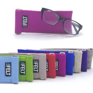 "Posh Felt" brand felt glasses cases in a variety of colors, like blue, green, grey, red, and purple by Maureen Buzzeo