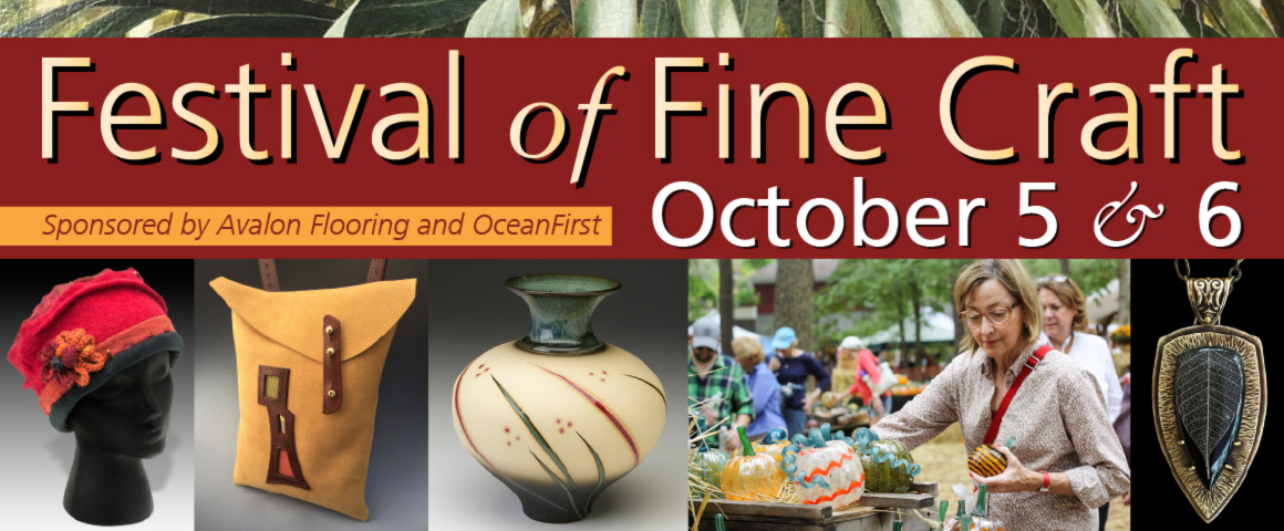 Banner for the Festival of Fine Craft, Sponsored by Avalon Flooring and OceanFirst, on Ocotber 5 & 6 with photos below of several exhibitor's pieces.