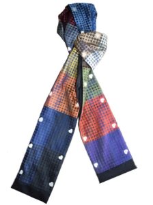 Multicolored scarf with small white hearts around the sides by Catherine Joseph