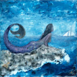 encaustic painting by Anna Scaramazza of a marmaid laying out on the rocks, looking toward a ship in the distance.