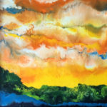 encaustic painting by Anna Scaramazza of an abstract view of trees over water with a cloudy yellow and orange sky above.