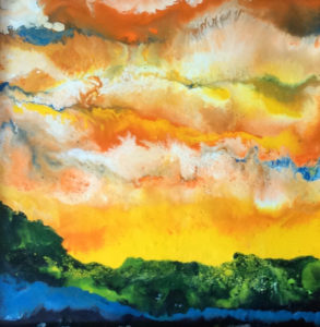 encaustic painting by Anna Scaramazza of an abstract view of trees over water with a cloudy yellow and orange sky above.