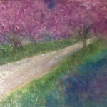 encaustic painting by Anna Scaramazza of a trail in a forest of rich purple trees