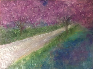 encaustic painting by Anna Scaramazza of a trail in a forest of rich purple trees