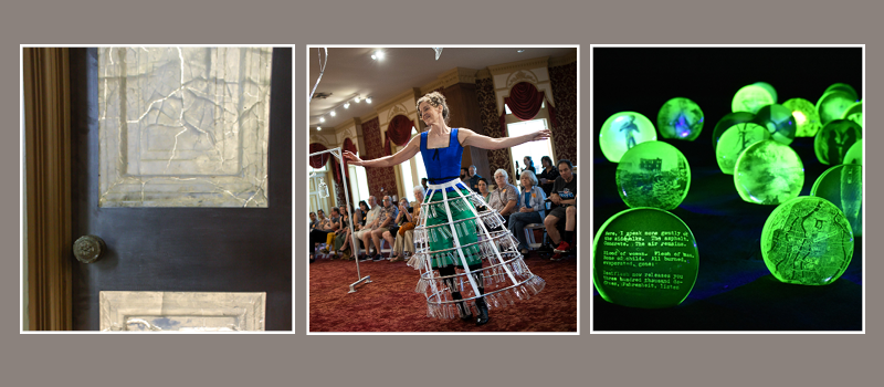 Three images from Emanation 2019. From left to right, Karyn Olivier, Museum Midden (left), Martha McDonald and Laura Baird, Phantom Frequences, 6-2-19 performance 3, by Ryan Collerd (center), and Jo Yarrington, Uranium Games detail(right).
