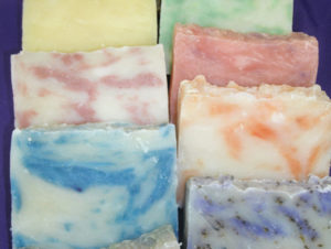 A closeup of ten different types of scented soap from Carol's Scents N' Soaps.