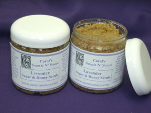 Two containers of Lavendar Sugar and Honey Scrub from Carol's Scents N' Soaps.
