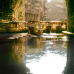 Photograph by Michael Leu of 6 boats docked under a brick arch covered in moss. The reflections of the boats reach out into the dark water. In the distance are several stilt houses.