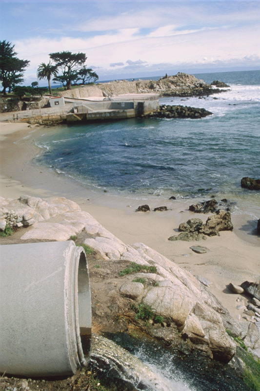 A storm drain empties beside a body of water in Pacific Grove.