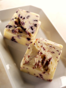 Closeup of a small platter holding two blocks of cheese from Keystone Farms Cheese.