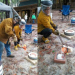 Rachel Marie Wenner and her mentor, Steve Morse, cast something in hot metal outside at WheatonArts.