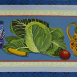 A painted floor cloth by Ellie Wyeth. The cloth has a robin and goldfinch sitting on either side of a pile of vegetables, including cabbage, tomatoes, and peppers.