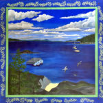 A tapestry of a lake with a rich blue sky and gull overhead. Created by Ellie Wyeth.