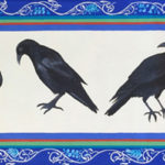 A painted floor cloth by Ellie Wyeth. 5 crows in different poses stand against a stark white background with a blue border.