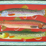 A painted floor cloth by Ellie Wyeth. Three long trout, one blue, one red, and one green, lay against a red background.