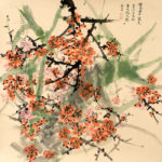 A brush painting by Simon Zeng of orange flowers with black and green branches.