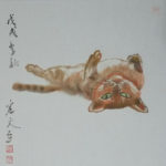 A painting by Simon Zeng of an orange striped cat rolling on its back.