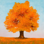 A painting by Simon Zeng of a tall tree in the autumn, full of bright orange leaves, against a blue sky.