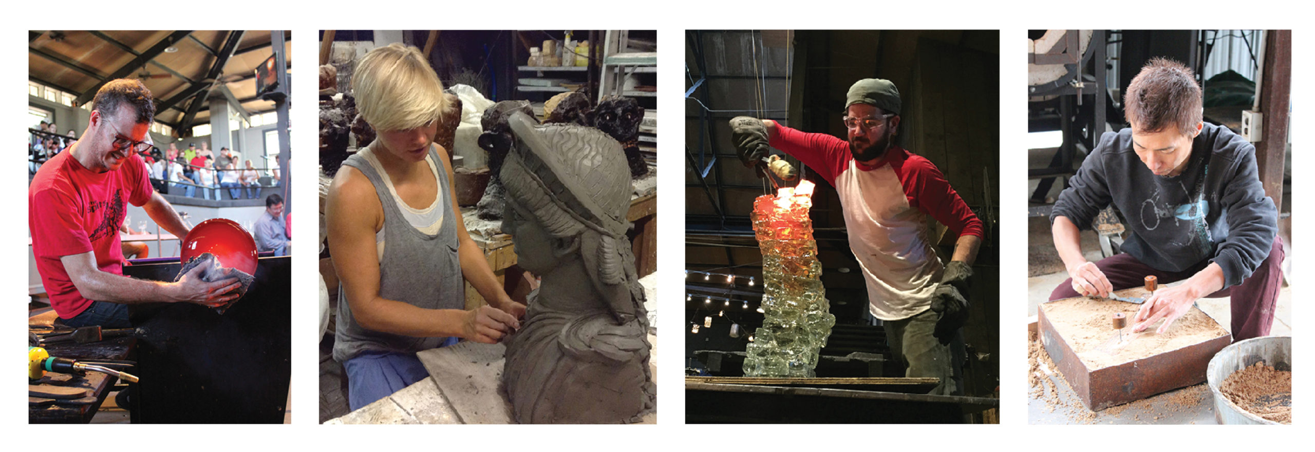 Various creative glass fellows working in the Glass Studio at WheatonArts.