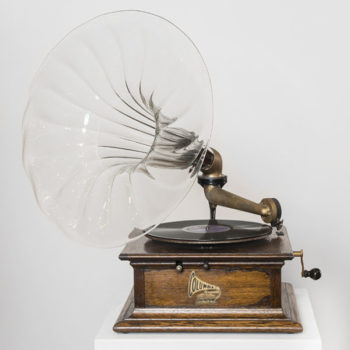 A gramophone with a clear glass horn. Part of Martha McDonald's and Laura Baird's "Phantom Frequencies" performance and installation for Emanation 2019.