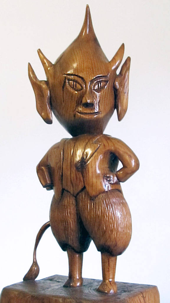A carved wooden depiction of the Jersey Devil by an unknown artist, part of the DJFC Permanent Collection.