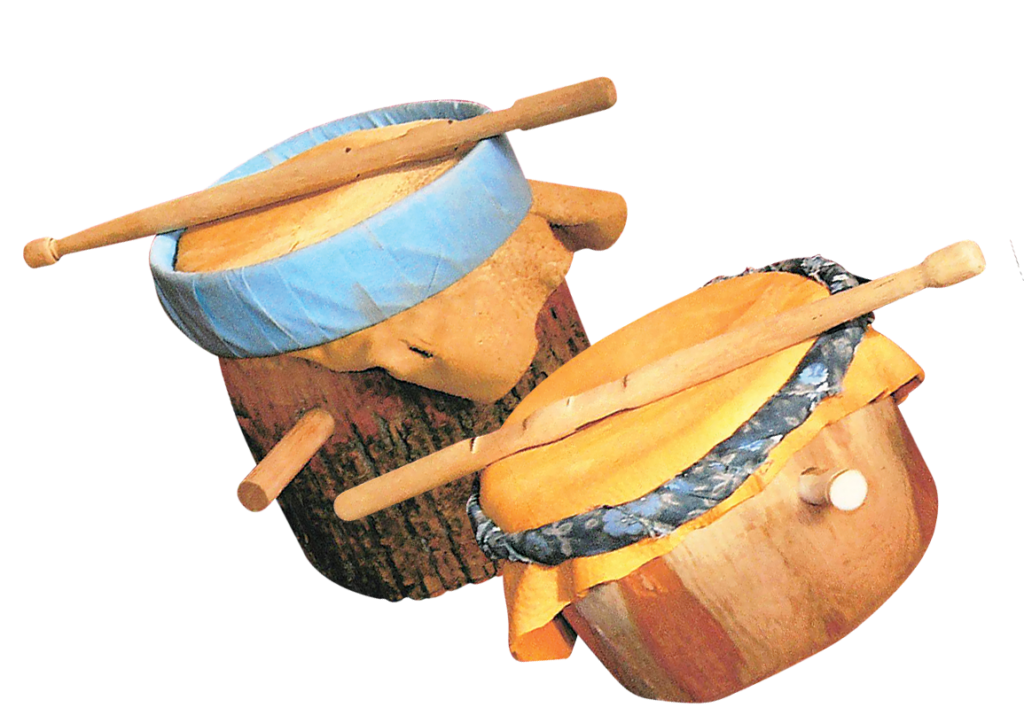 Lenape Wooden Water Drums, Mark "Quiet Hawk" Gould, 2013. Tension based, wooden rim, deer hide.