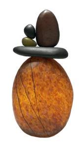 Amber Safari Cairn by Melanie Guernsey Leppla: Accented with four smaller rocks in black, moss green and dark brown.