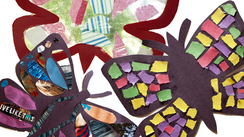 Example of collage butterflies: purple and red paper butterflies with colorful pieces of magazine, construction, and tissue paper.