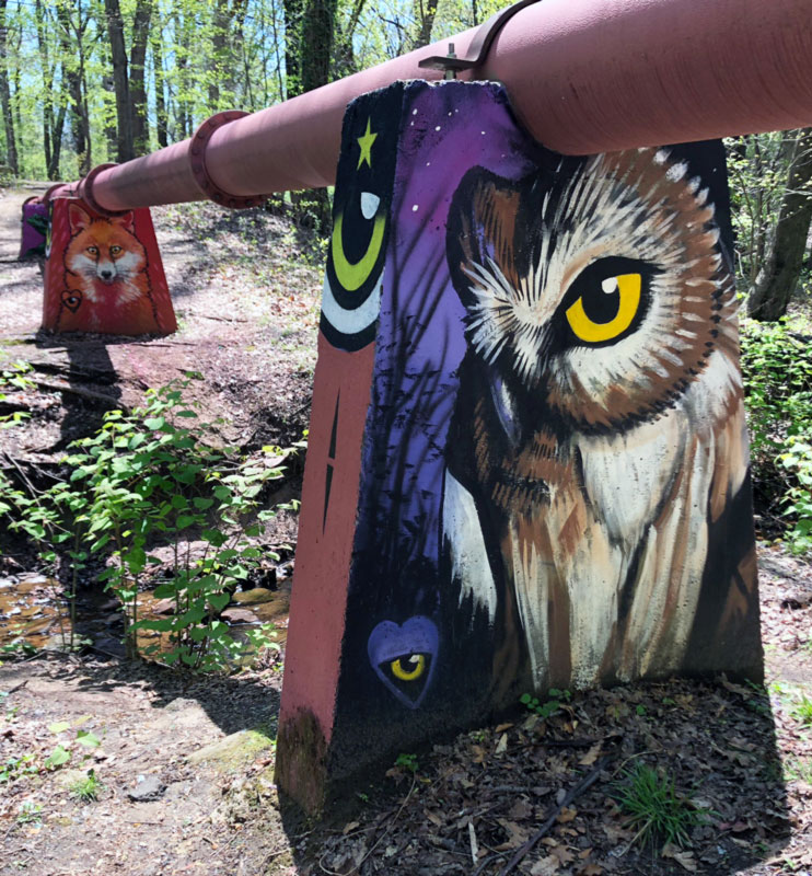 Nature-themed murals by J. Kenneth Leap: A mural of a fox on a red background. Mural of a brown owl in the foreground.