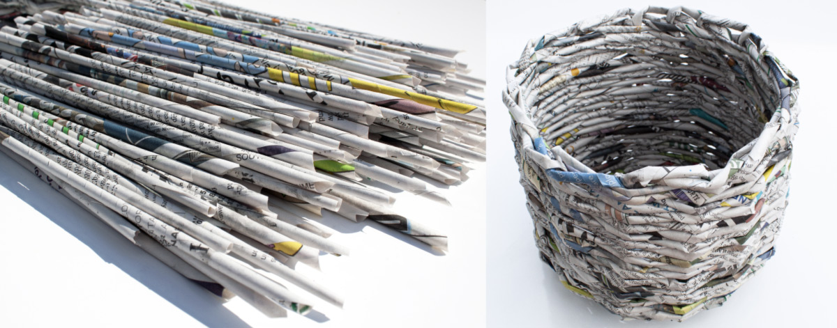 Newspaper Basket: before picture of rolled up newspaper and a finished newspaper basket.