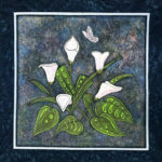 White flowers with green leaves and a small butterfly are painted on a quilt, by artist Donna Stufft.