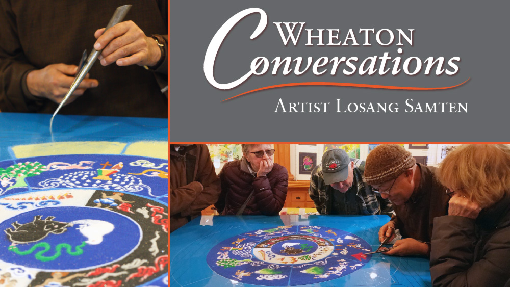 Wheaton Conversations: Artist Losang Samten. Two images: Closeup of Artist Losang Samten creating a sand mandala (left). Second image shows spectators watching as Artist Losang Samten creates a sand mandala.