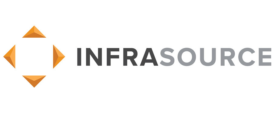 Infrasource logo in dark and light gray. Logo on the left is four orange arrows facing up, down, left, and right.