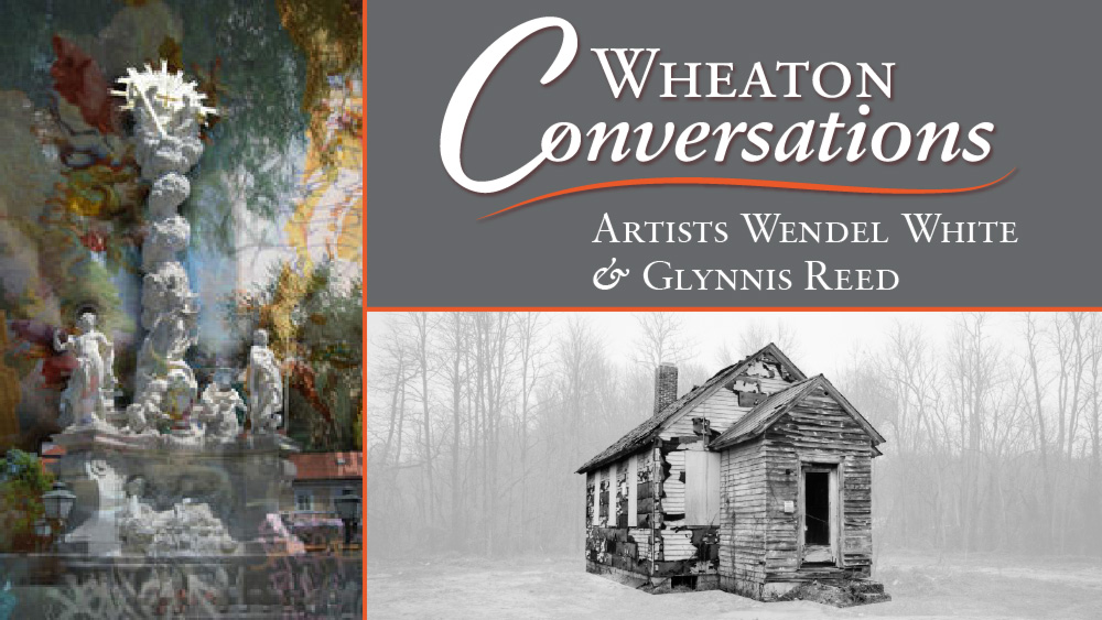 Wheaton Conversations: Artists Wendel White and Glynnis Reed. Two images: Photograph of a large white sculpture, a painting, and a wall with graffiti, each image layered on top of one another. Image by artist Glynnis Reed (left). Second image shows a black and white photo of