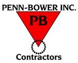 Penn-Bower Inc. Contractors logo. A red triangle in the middle holds the letters 'PB' and has a dotted circle over the bottom point of the triangle.