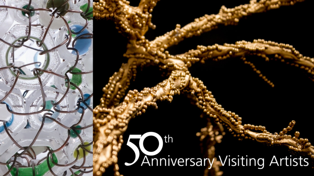 Banner for 50th Anniversary Visiting Artists. Detail of works by Kait Rhoads (left) and Jessica Julius (right).