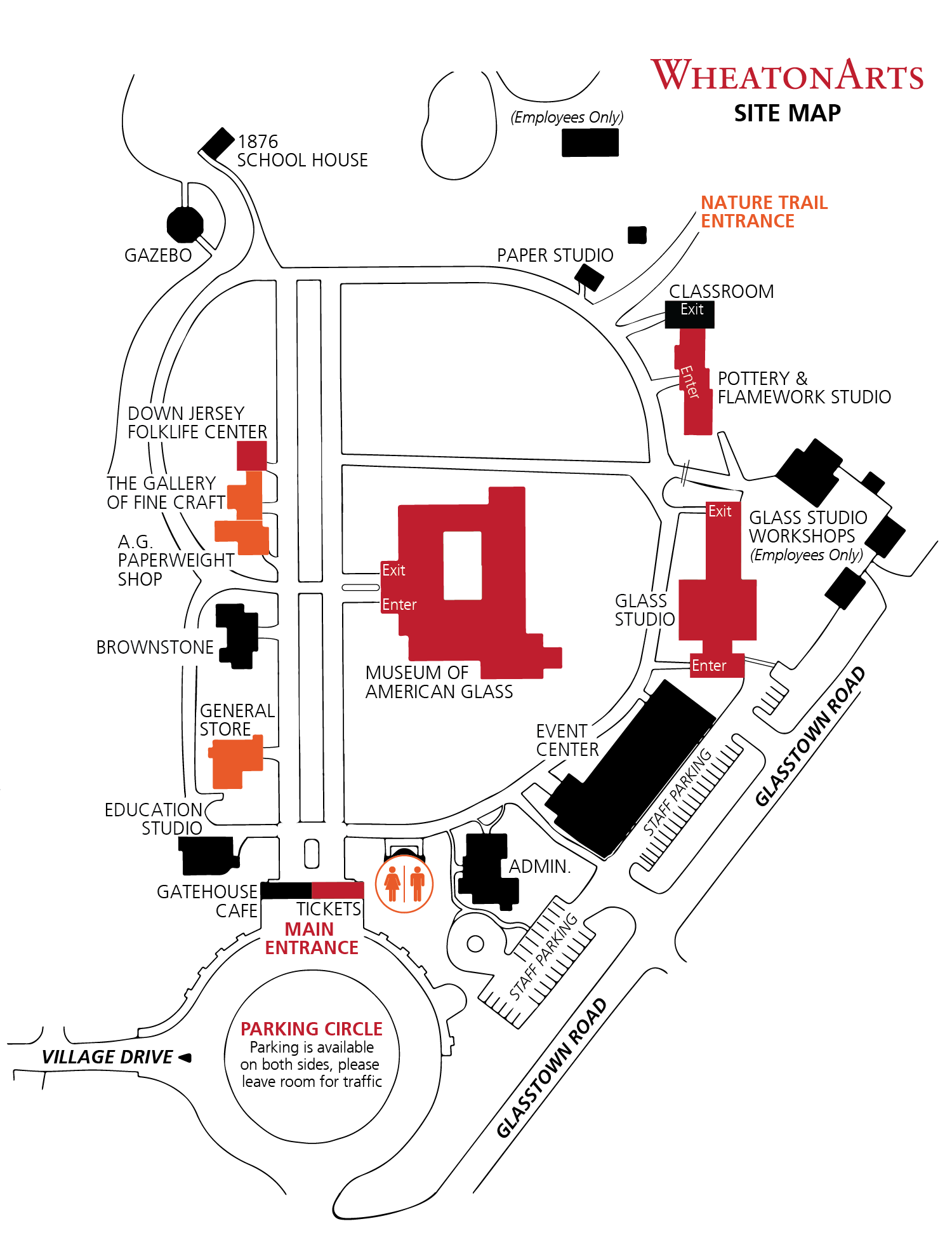 WheatonArts Site Map showing the layout of the campus. In a circle from the Main Gate (heading clockwise): GateHouse Cafe, Education Studio, General Store, Brownstone, AG Paperweight Shop, The Gallery of Fine Craft, Down Jersey Folklife Center, Gazebo and 1876 School House, Paper Studio, Nature Trail entrance, classroom, Pottery & Flamework Studio, Glass Studio, Event Studio, Admin Building, public restroom, and then the Museum of American Glass is at the center of the campus.