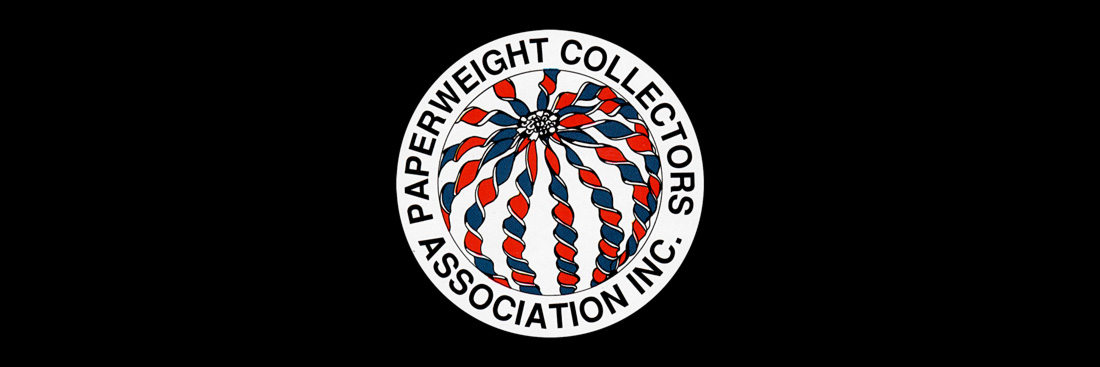 Logo for Paperweight Collectors Association Inc. A white circle with a paperweight design within of swirling blue and red lines.