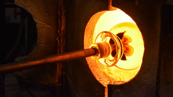 Trial run of a large Millville Rose Paperweight at the end of a blowpipe being inserted into a glory hole.