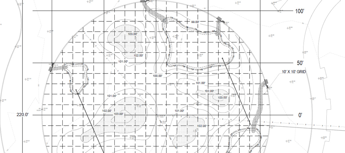 A cropped image of an white blueprint with black and grey lines showing a topographic map of the circle project at WheatonArts.