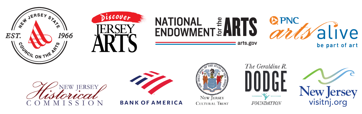 Logo bar for WheatonArts funding. From left to right, top to bottom: New Jersey State Council of the Arts, Discover Jersey Arts, National Endowment for the Arts, PNC Arts Alive!, New Jersey Historical Commission, Bank of America, New Jersey Cultural Trust, The Geraldine R. Dodge Foundation, and VisitNJ.