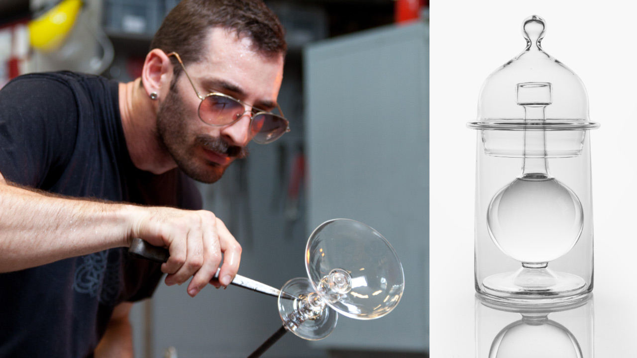 Two images, left to right: Alexander Rosenberg leans forward as he shapes a clear glass piece on a blowpipe, photo by Carola Rummens. Second image, a full shot of a glass piece by Alexander Rosenberg. A lidded glass jar with a pinched top surrounds an inner glass vessel with a spherical base and long, thin neck. Photographed by Jay Muhlin