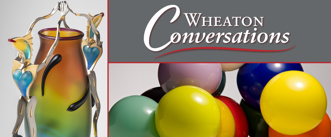 A General Banner for Wheaton Conversations. Two images, Detail of Aquamotion by Dan Dailey, a vessel with a green to orange gradient enveloped by two anthropomorphic fish, linking hands above the vessel. The second image shows a detail of a gathering of colorful glass orbs, by Jen Elek.