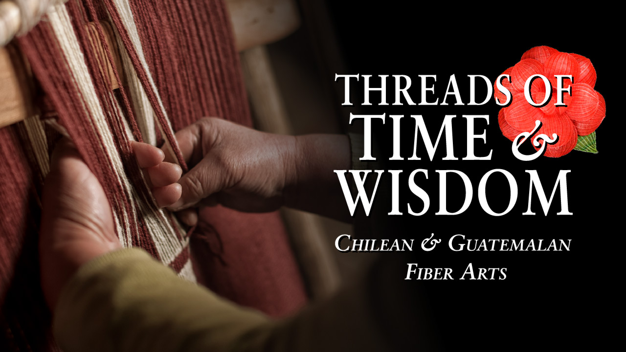 The banner for Threads of Time and Wisdom: Chilean & Guatemalan Fiber Arts. Behind the title text is a horse hair flower in bright red. To the left, is an image of hands weaving on a loom.