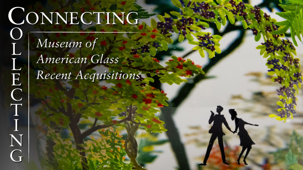 Banner for the "Collecting and Connecting" exhibition in the Museum of American Glass. The image is a detail of a paperweight with large painted leafy plants and trees. Beside the trees, there are the silhouettes of two people looking around into the jungle of plants.