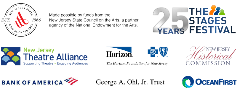 Logos for the "New Jersey State Council on the Arts", "The Stages Festival 25 Years", "New Jersey Theatre Alliance (Supporting Theatre. Engaging Audiences)"; "Horizon (The Horizon Foundation for New Jersey)"; "the New Jersey Historical Commission"; "Bank of America"; "George A. Ohl, Jr. Trust"; and "OceanFirst" are strategically placed against a white background.