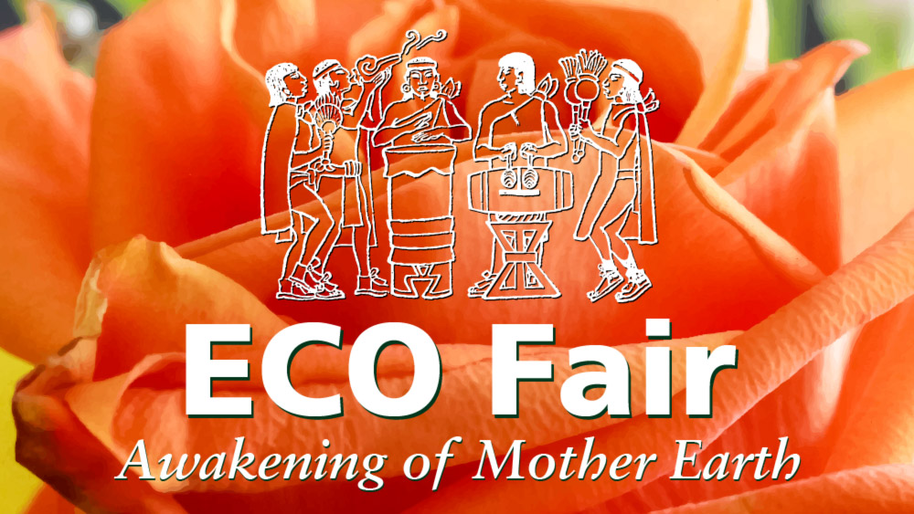 Coral-colored rose is the background with white text "ECO Fair: Awakening of Mother Earth". White line graphic of Native group playing musical instruments.