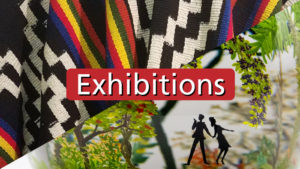 Close up of a glass orb with trees inside. A silhouette of a man and woman holding hands stands underneath a red rounded rectangle that reads: “Exhibitions”. A colorful Guatemalan garment overhangs across half of the orb.
