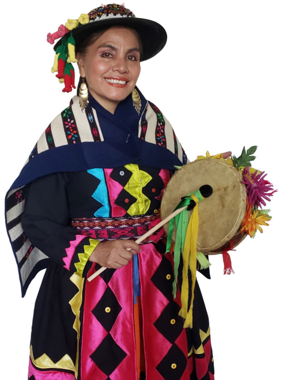 Peruvian artist Rosa Carhuallanqui holding a handmade musical instrument and colorful dress, shawl, and hat.